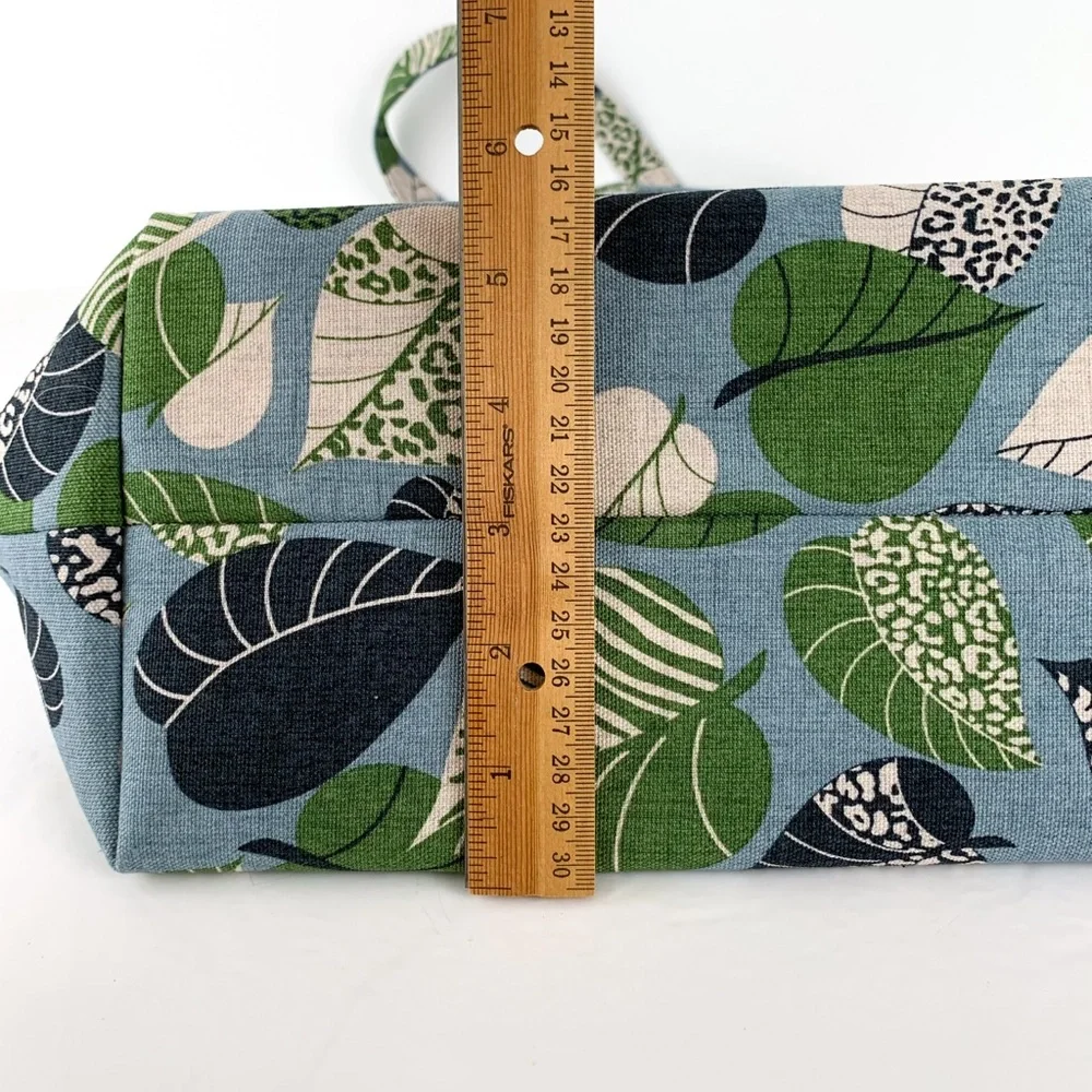 Canvas leaf tote bag large handmade tote blue with green, white & black leaves